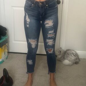 Seven7 Dark Blue Distressed Ankle Jeans